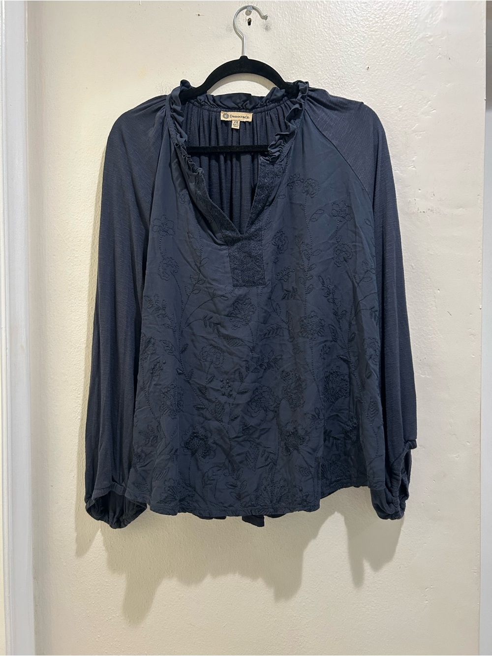 Democracy Navy Embroidered Peasant Blouse